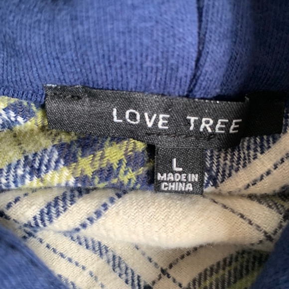 Love Tree Hooded Flannel Shirt Womens Large‎ L/S Plaid Button Up Top Blue Green - Picture 4 of 7
